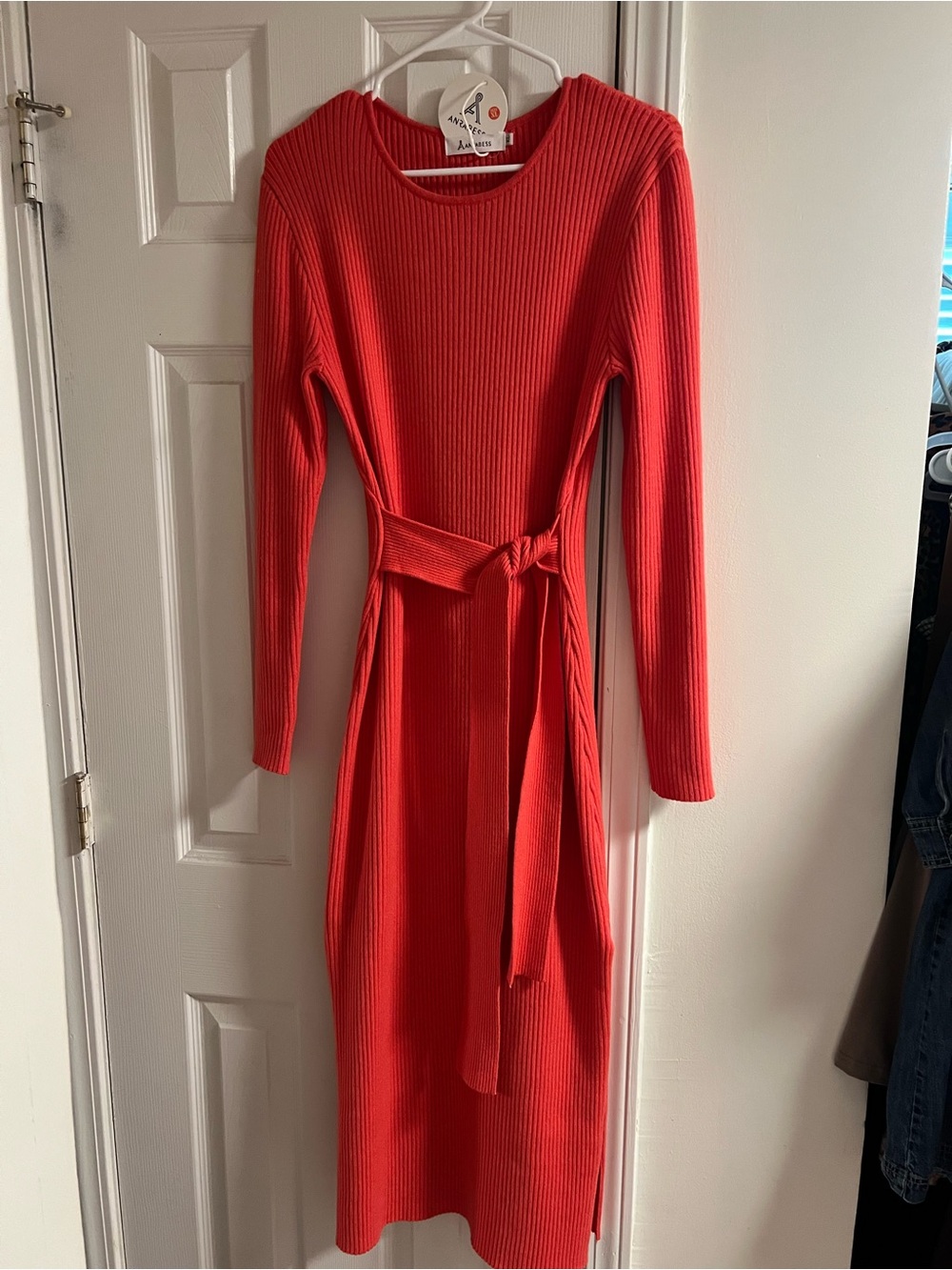 Anrabess Women's Ribbed Midi Dress with Self-Tie — Red